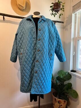 Blue Quilted Long Button Front Pockets Spring To Winter Coat Jacket Size 2XL